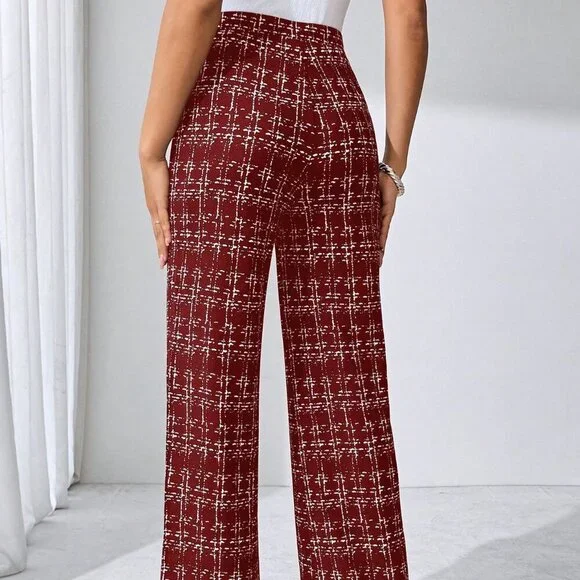 Burgundy Elegant Women's Plaid Knitted Pants - Picture 2 of 6